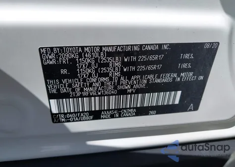 2020 Toyota Rav4 Xle из США, поврежденный, VIN 2T3P1RFV6LW136040